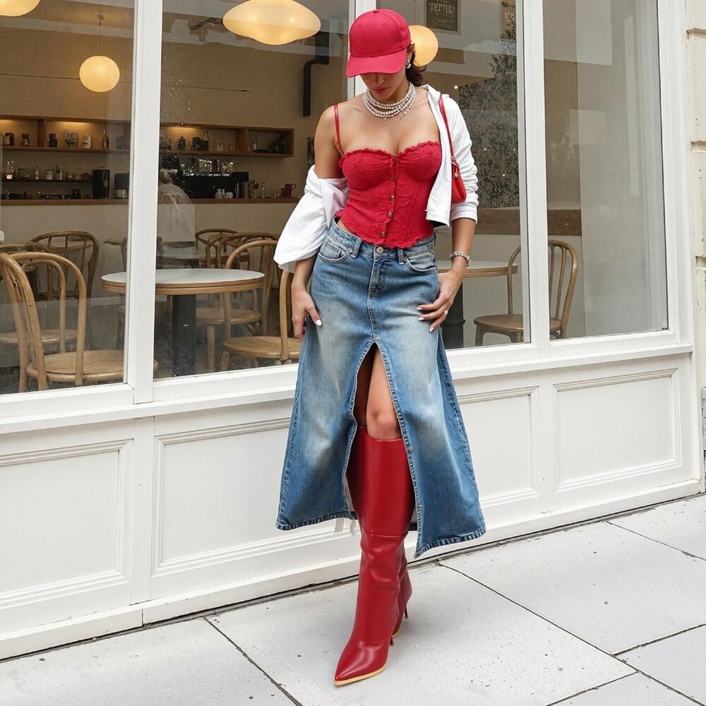 Women’s Fashion Fall Winter Red Fold Over Pointed Toe Knee High Heel Boots - Picture 6 of 7